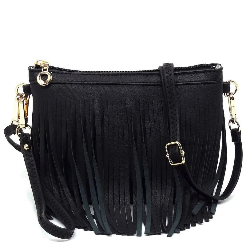 Black leather fringe crossbody bag with fringe detailing and gold hardware