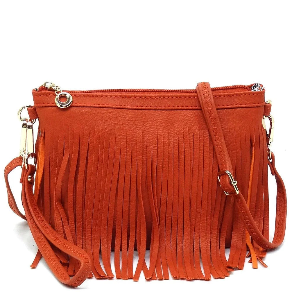 Orange leather fringe crossbody bag with stylish fringe detailing for trendy looks