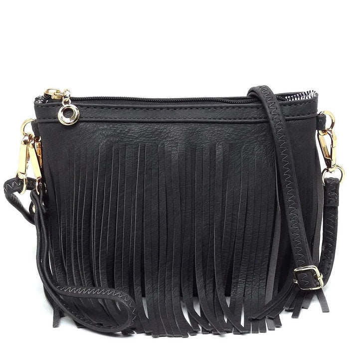 Black leather fringe crossbody bag with stylish fringe detailing