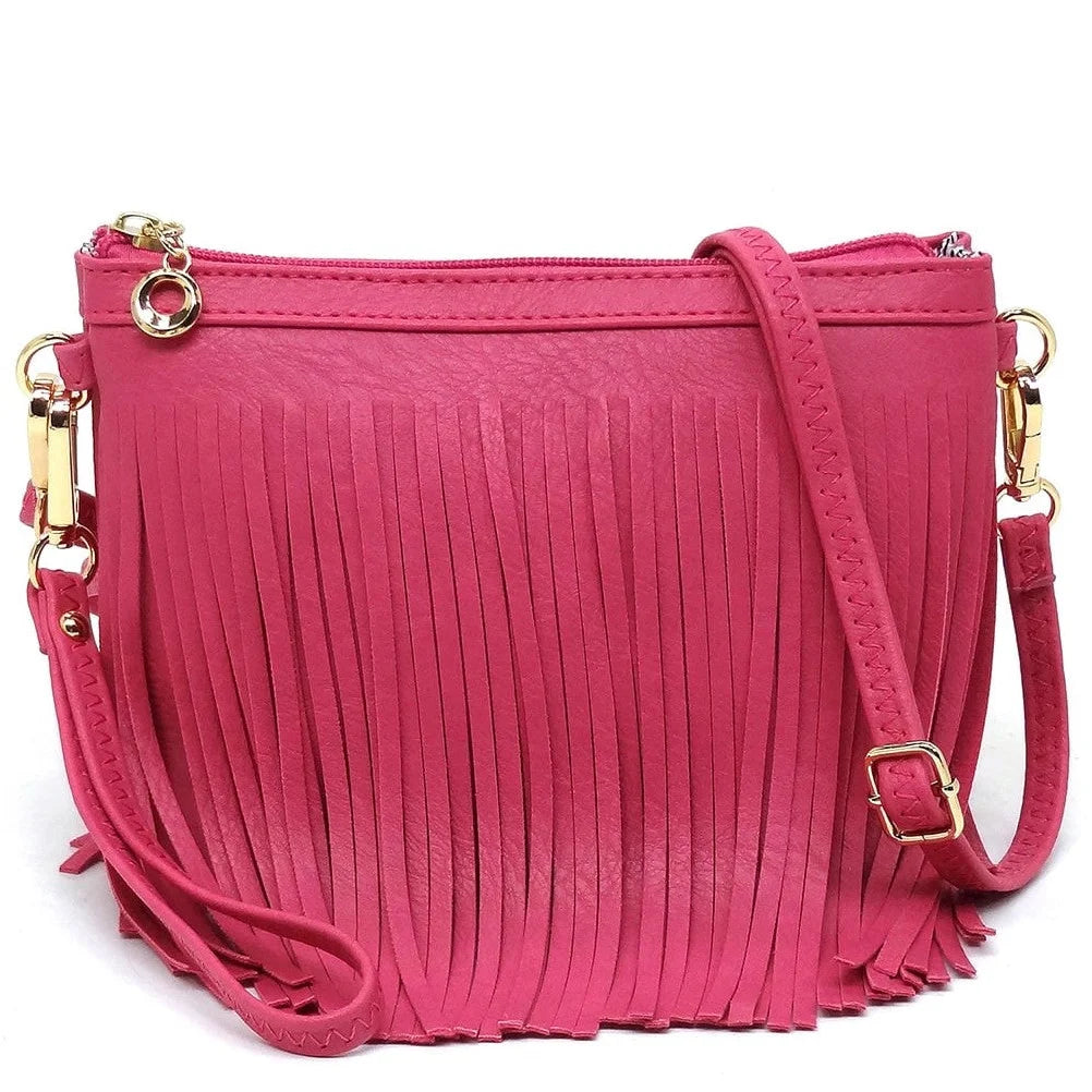 Pink fringe crossbody bag with zipper closure and adjustable strap for stylish convenience