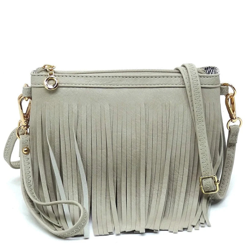 Light gray fringe crossbody bag with zipper closure and gold hardware