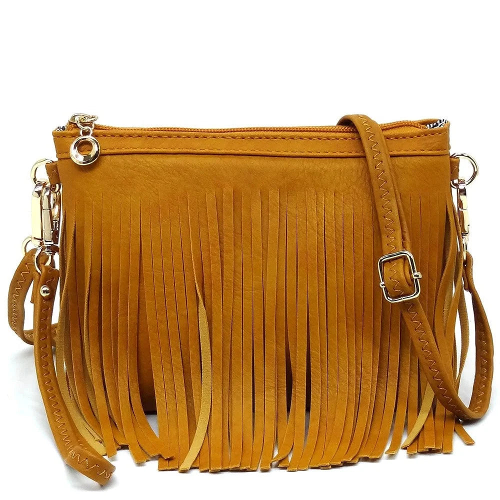 Mustard yellow fringe crossbody bag with a thin strap for stylish everyday use