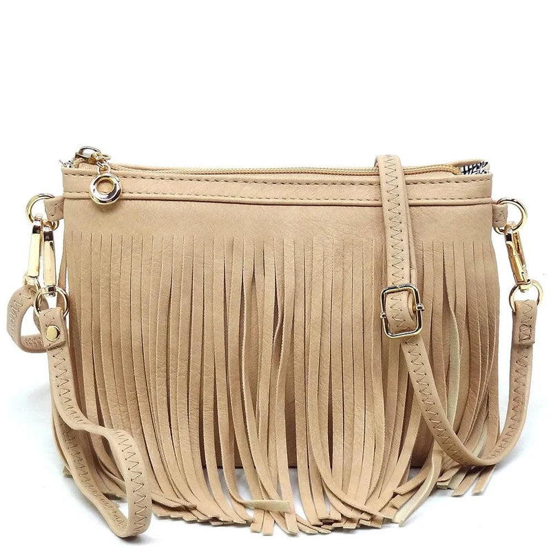 Beige fringe crossbody bag with zipper closure and adjustable strap for stylish use