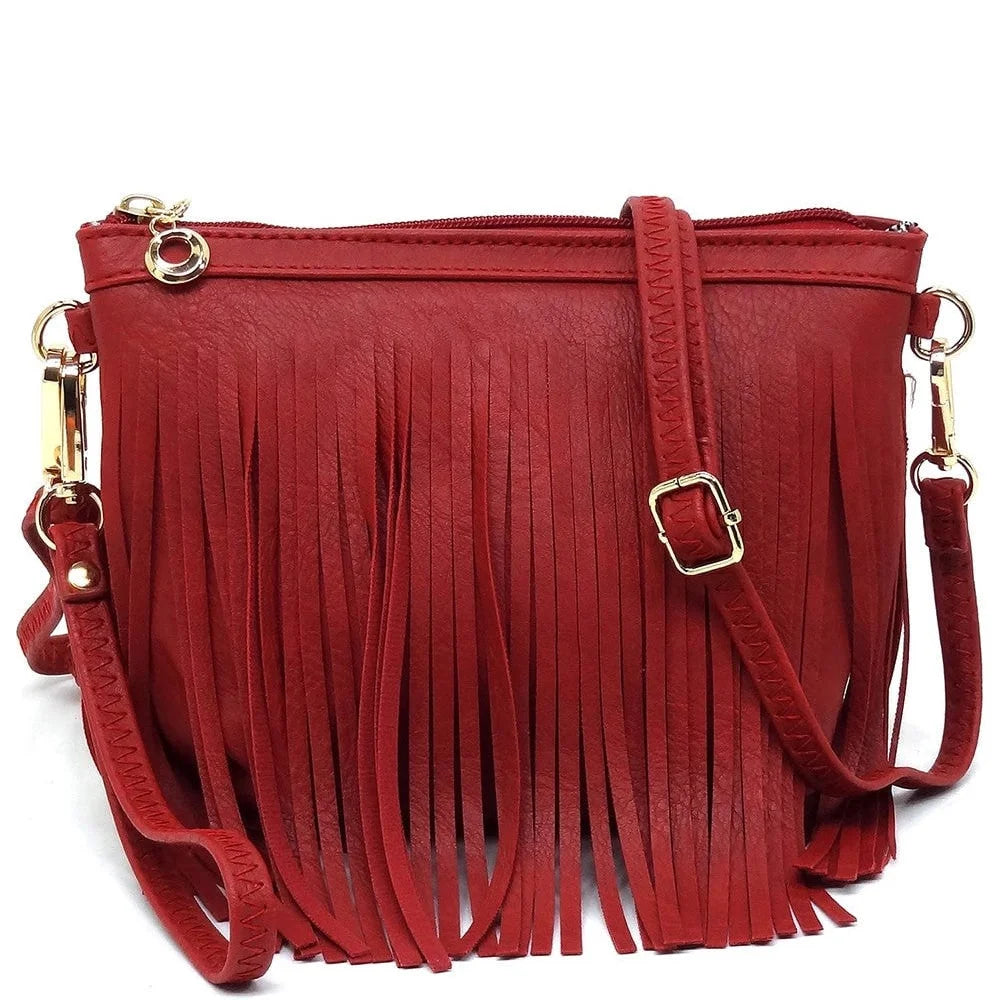 Red leather fringe crossbody bag with stylish fringe detailing and adjustable strap