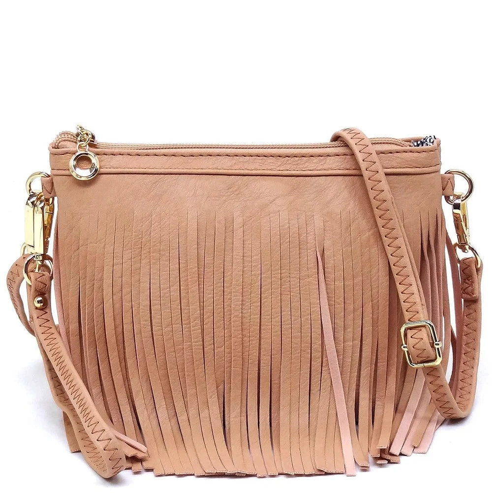 Tan leather fringe crossbody bag with stylish fringe detailing for a trendy look