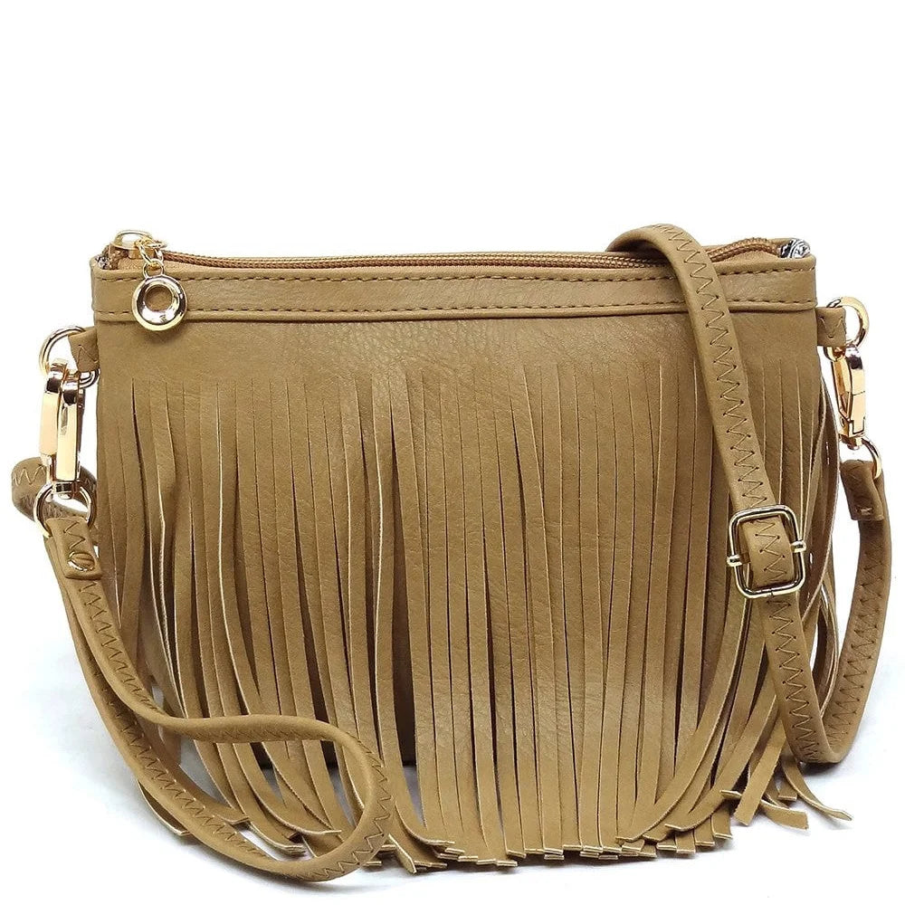 Tan fringe crossbody bag with zipper closure and adjustable strap for stylish convenience