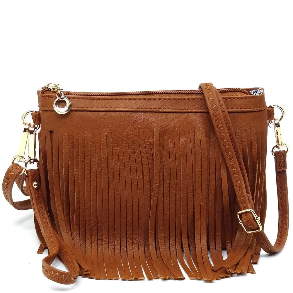 Brown leather Fringe Crossbody Bag with stylish fringe detailing for a trendy look