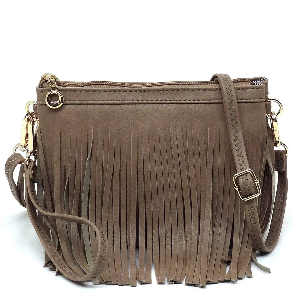 Taupe leather fringe crossbody bag featuring stylish fringe detailing and sleek design