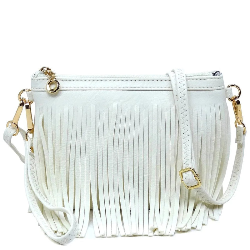 White fringed crossbody bag with gold hardware, perfect for stylish outfits