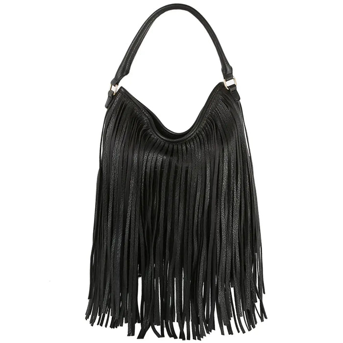 Black fringe handle hobo bag with stylish fringe handle for a trendy look