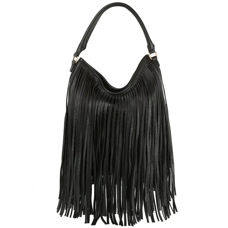 Black fringe handle hobo bag with stylish fringe handle for a trendy look