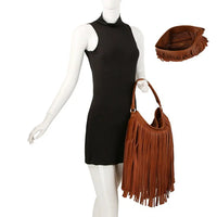 Brown fringe handle hobo bag showcasing stylish fringe handle and spacious design