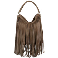 Brown fringe handle hobo bag with stylish fringed shoulder design for a trendy look