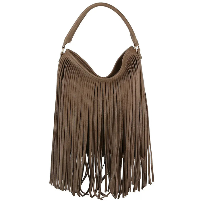 Brown fringe handle hobo bag with stylish fringed shoulder design for a trendy look