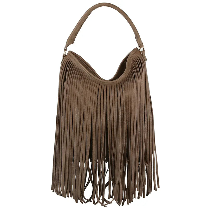 Brown fringe handle hobo bag with stylish fringed shoulder design for a trendy look