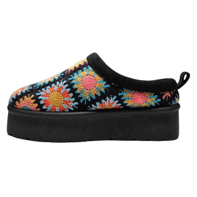 Colorful floral embroidered Frosty Platform Crochet Clog with black sole