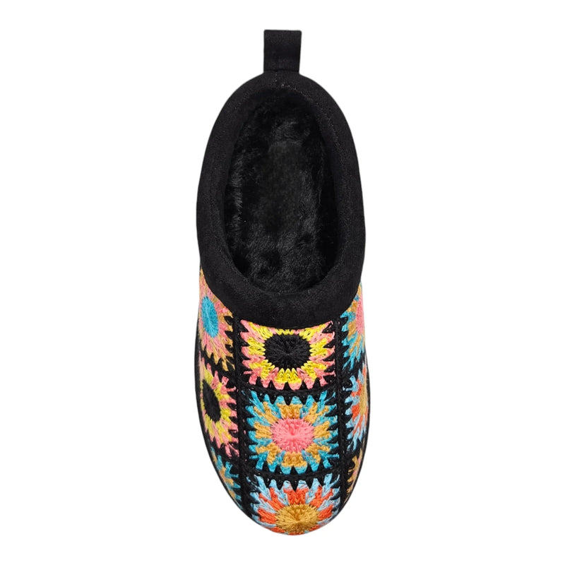 Colorful embroidered Frosty Platform Crochet Clog with floral sunburst pattern on black