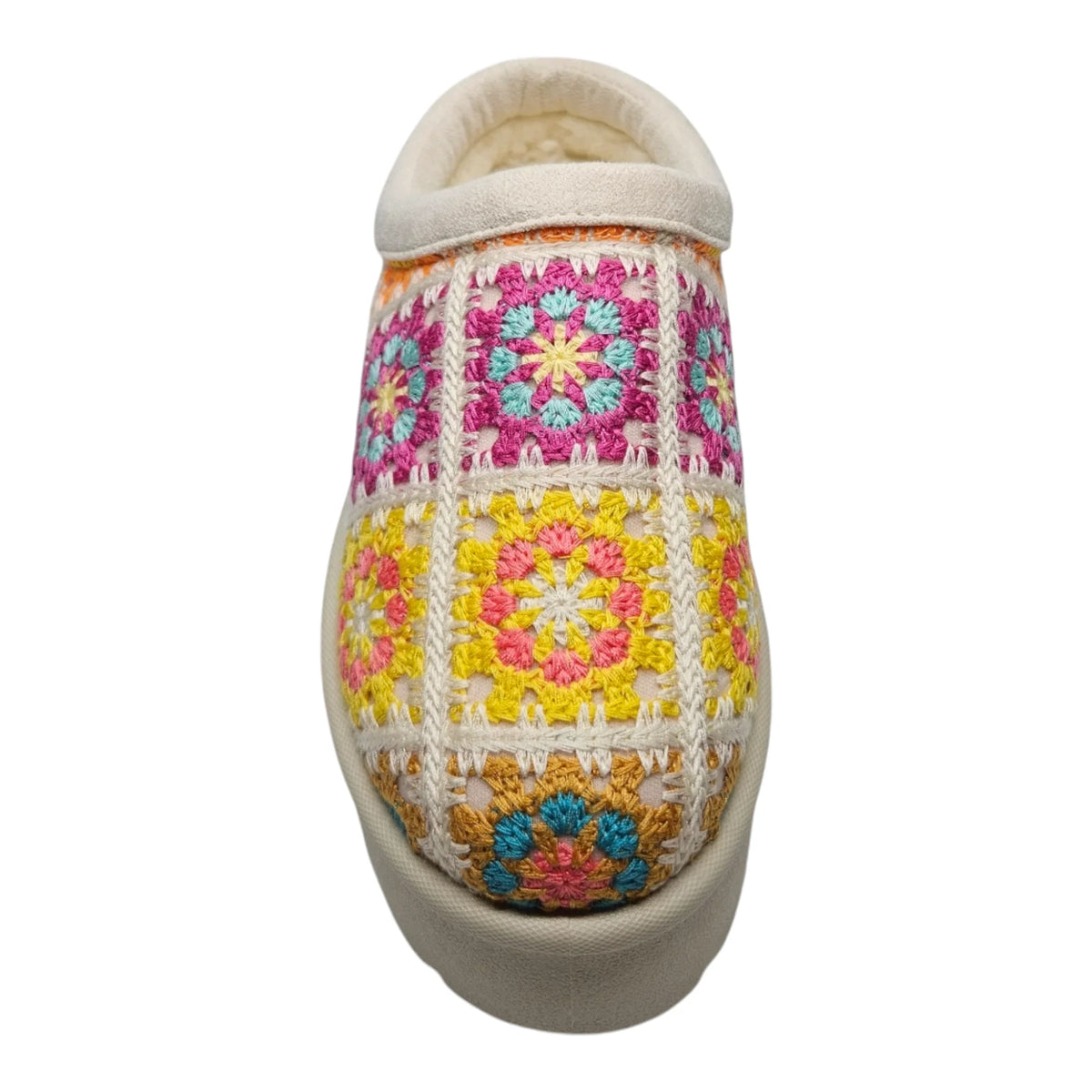 Colorful crocheted slipper with floral granny square for the Frosty Platform Crochet Clog