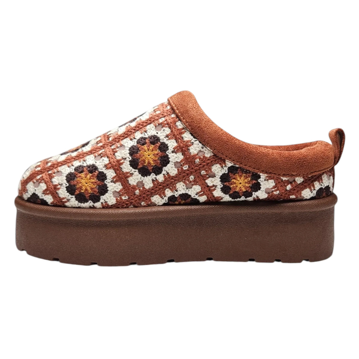 Knitted floral platform crochet clog featuring a thick sole for cozy comfort