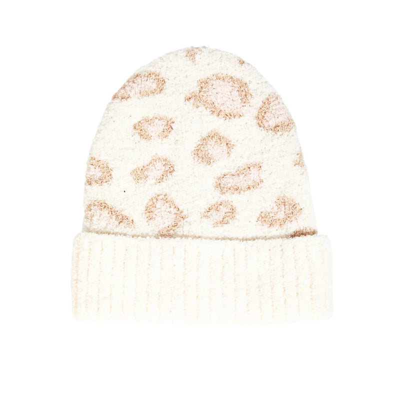 White knit beanie featuring pale pink leopard print pattern for a stylish look