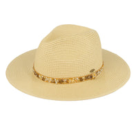 Beige Gem Stone Straw Panama Hat featuring a stylish decorative band