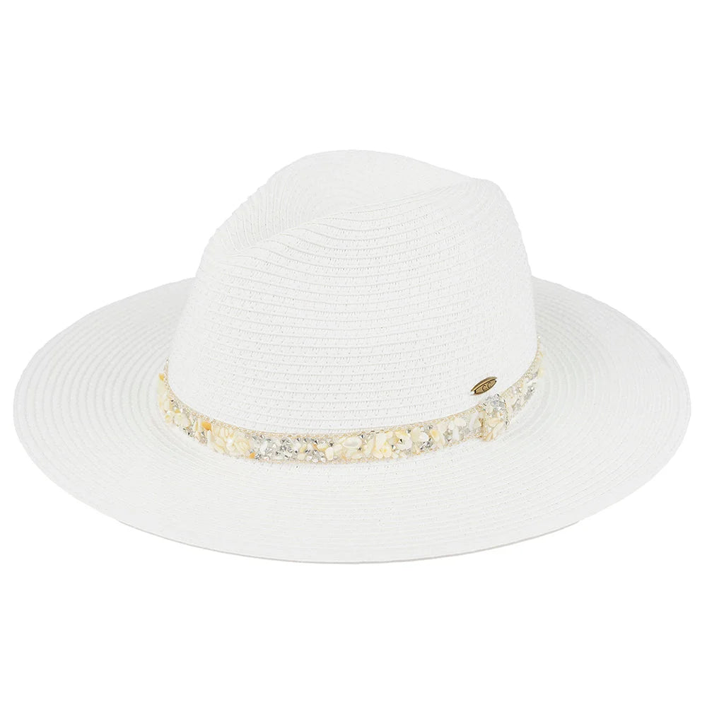 White wide-brimmed Gem Stone Straw Panama Hat with decorative floral band