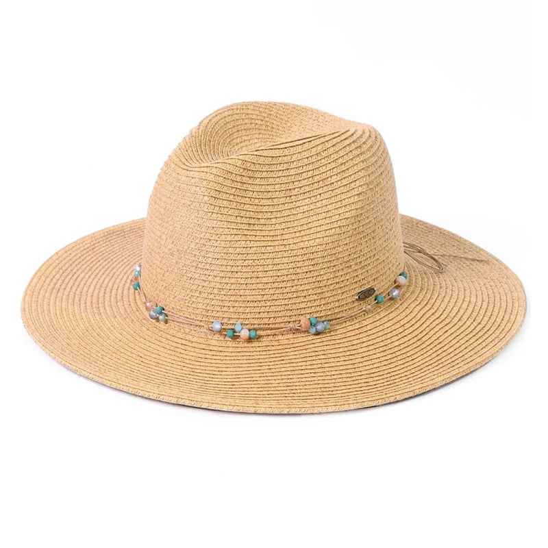 Beige straw sun hat with turquoise glass bead band, perfect for summer style