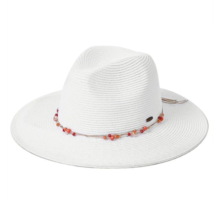 White Straw Fedora Hat with Red Beads - Stylish Glass Bead Panama Hat Accessory