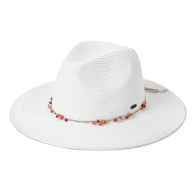 White Straw Fedora Hat with Red Beads - Stylish Glass Bead Panama Hat Accessory