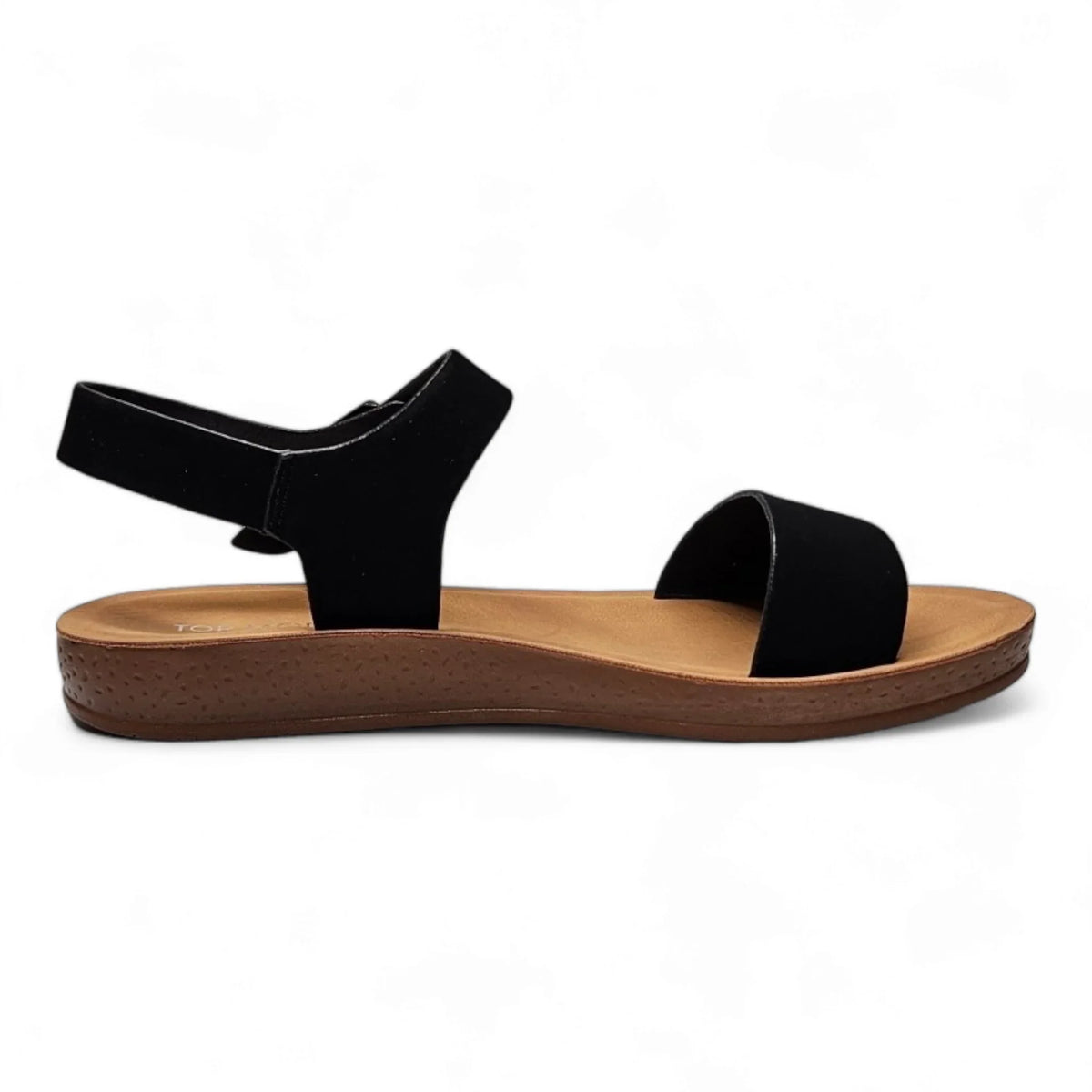 Black Granola Girl Summer Sandals with tan sole and ankle strap for stylish comfort