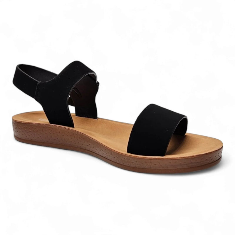 Black Granola Girl Summer Sandals with flat sole and elastic ankle strap