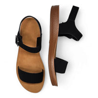 Black strapped sandals with tan sole and footbed from Granola Girl Summer Sandals