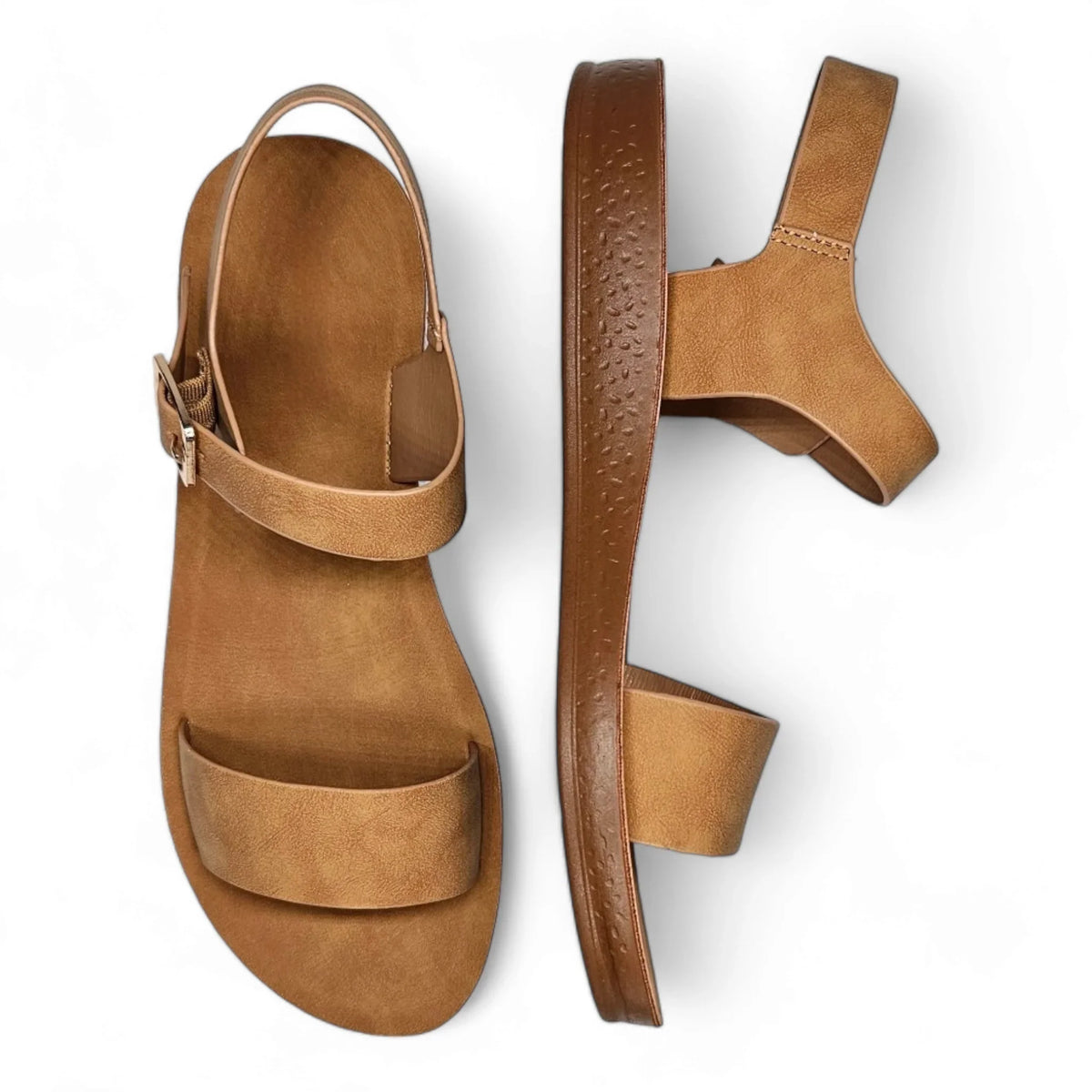 Tan leather sandals with two straps and ankle buckle closure for Granola Girl Summer Sandals