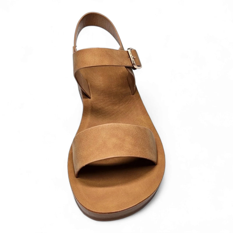 Tan leather sandals with a buckled ankle strap from Granola Girl Summer Sandals