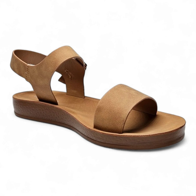 Tan leather Granola Girl Summer Sandals with wide foot strap and ankle strap