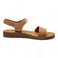 Tan leather sandals with flat sole and ankle strap from Granola Girl Summer Sandals