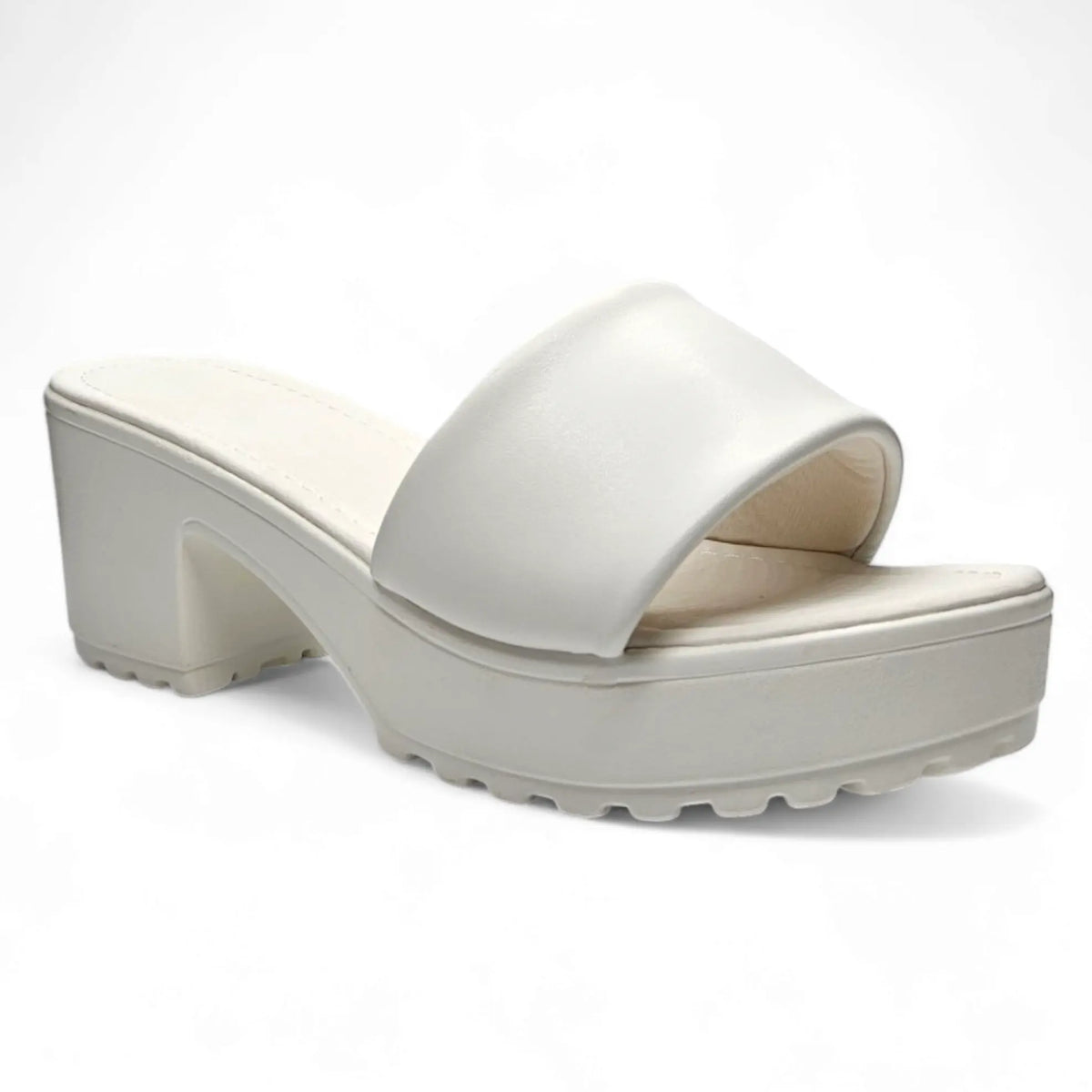 White faux leather platform pool slide sandal with chunky heel and treaded sole