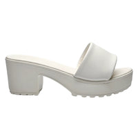 White faux leather platform pool slide sandal with chunky heel and thick strap