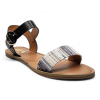 Flat sandal with black ankle strap and woven patterned front strap in Grey and White