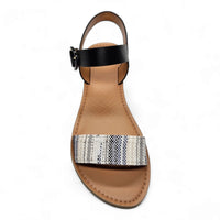 Women’s Grey and White Sandal with black ankle strap and textured metallic front strap