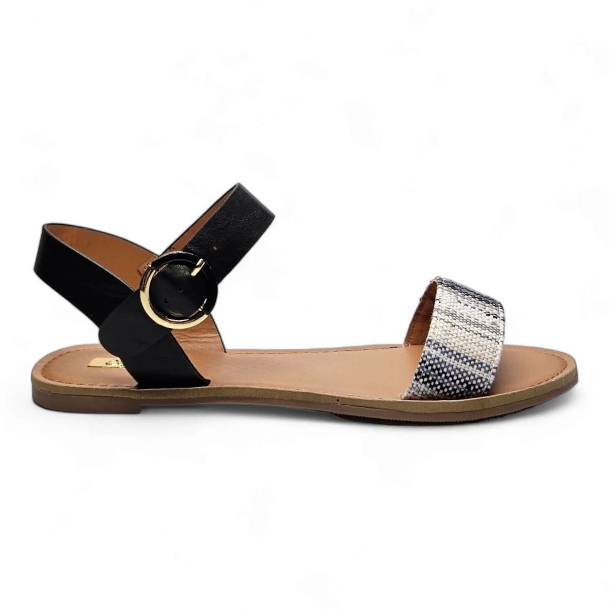 Flat sandal with black ankle strap and patterned front strap, Grey and White Sandal