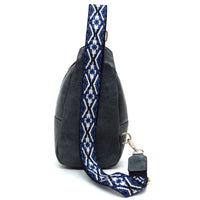 Black leather handbag with decorative blue and white strap for Guitar Strap Sling Bag