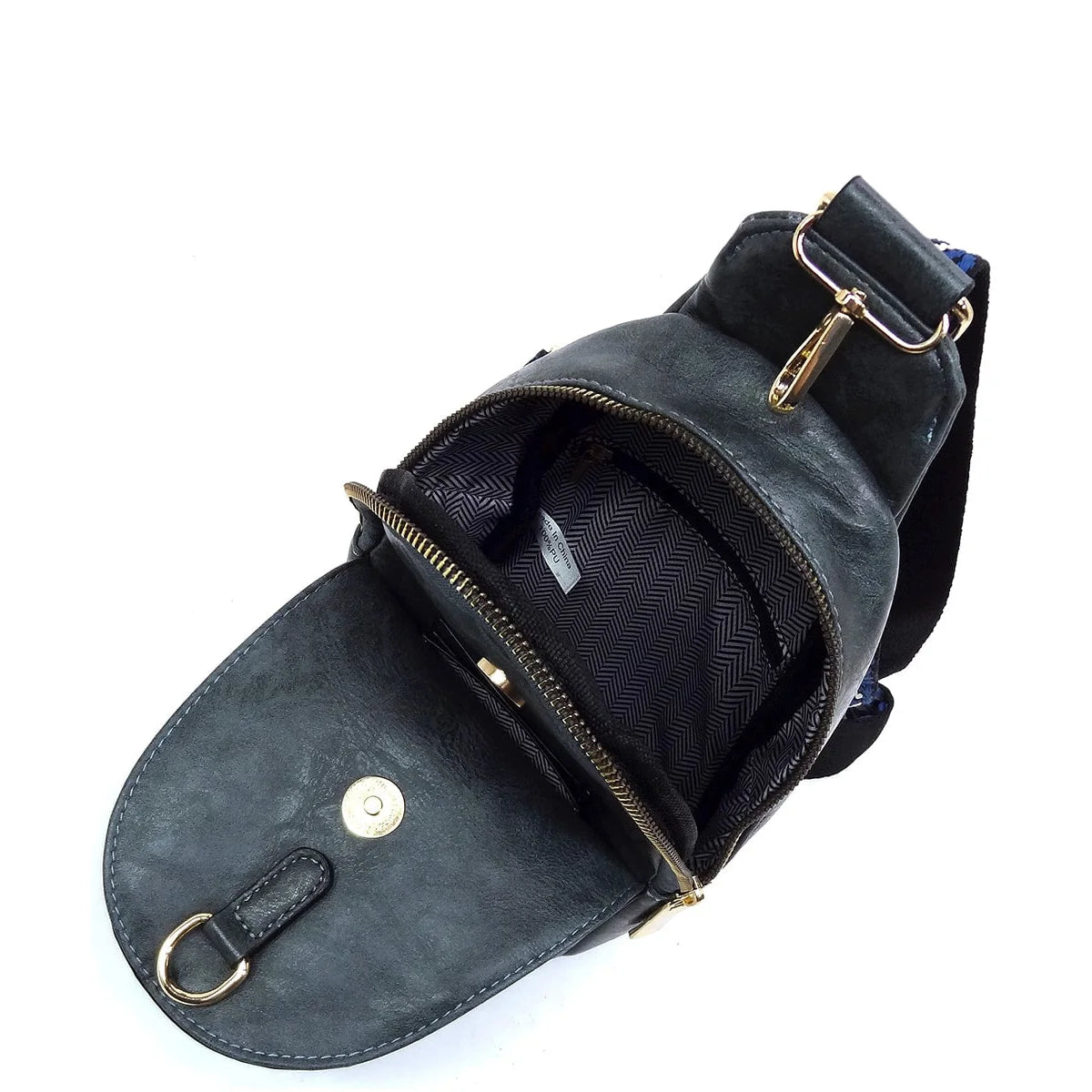 Black leather guitar strap sling bag with open zipper compartment for easy access