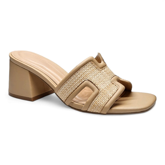 Beige Bobbie Block Heel sandal with textured strap and H-shaped design