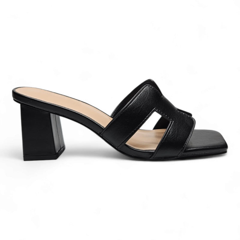 Black leather H Band Slide Sandal featuring a chunky heel for stylish comfort