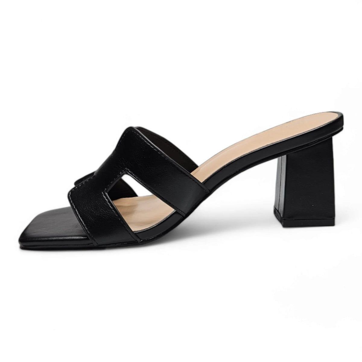 Black leather H Band Slide Sandal featuring a chunky square heel for stylish comfort