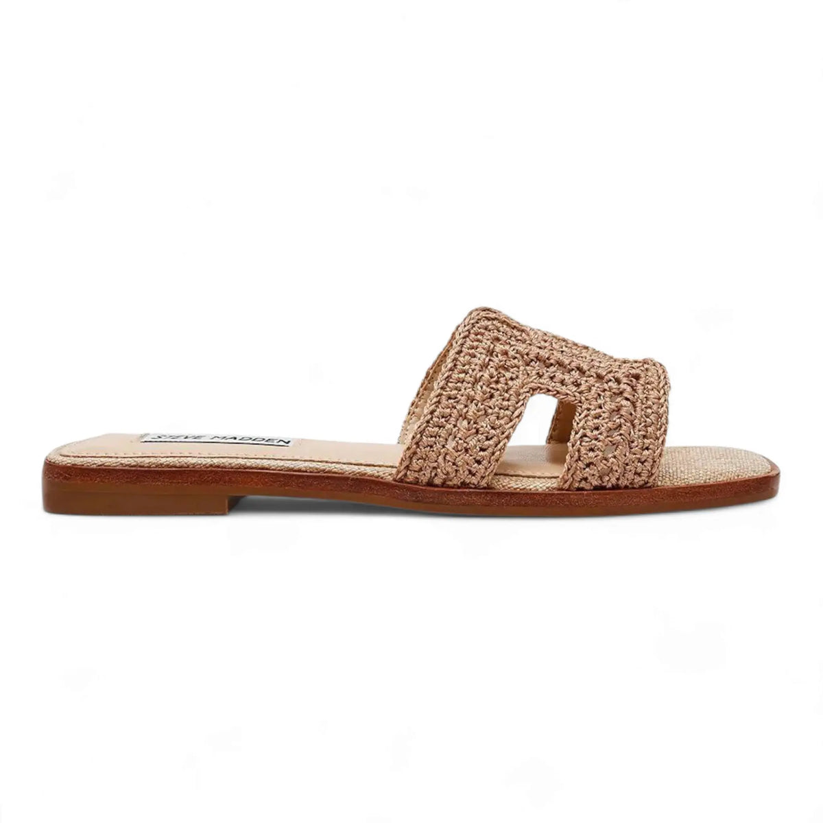 Beige woven Steve Madden Hadyn flat slide sandal with geometric cutouts