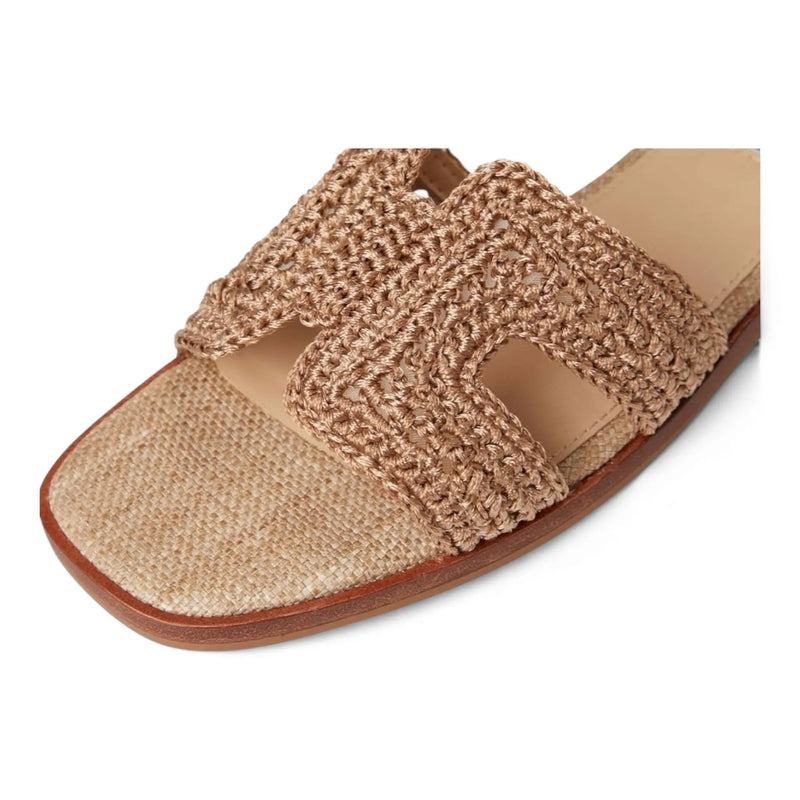 Steve Madden Hadyn flat sandal with beige woven design and geometric cutouts