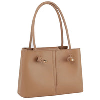 Beige leather handle satchel with dual handles and decorative toggles