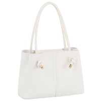 White leather handle satchel with structured shape and dual handles for stylish appeal